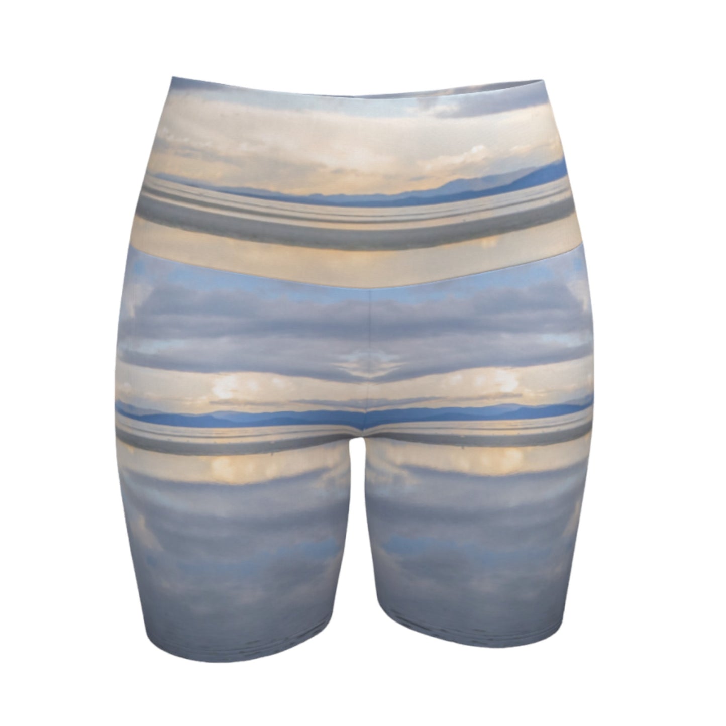 Light Language Parksville Beach yoga shorts. All over printed with an image of the sunrise in the early summer morning on the beach. The view is of the islands across from Vancouver island.