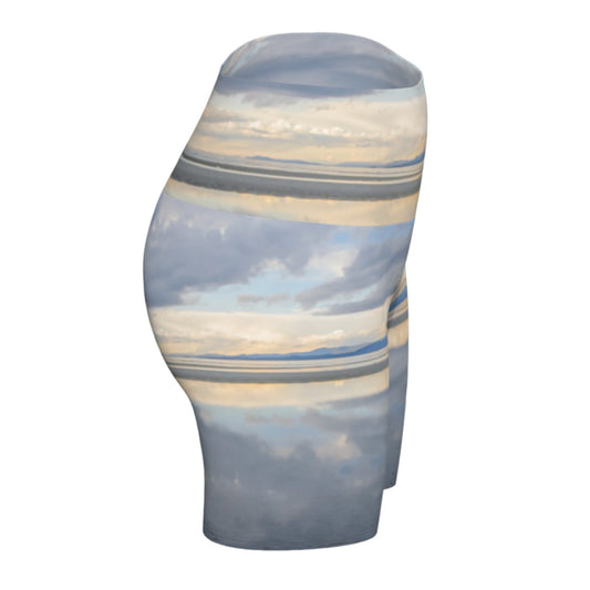 Light Language Parksville Beach yoga shorts. All over printed with an image of the sunrise in the early summer morning on the beach. The view is of the islands across from Vancouver island.