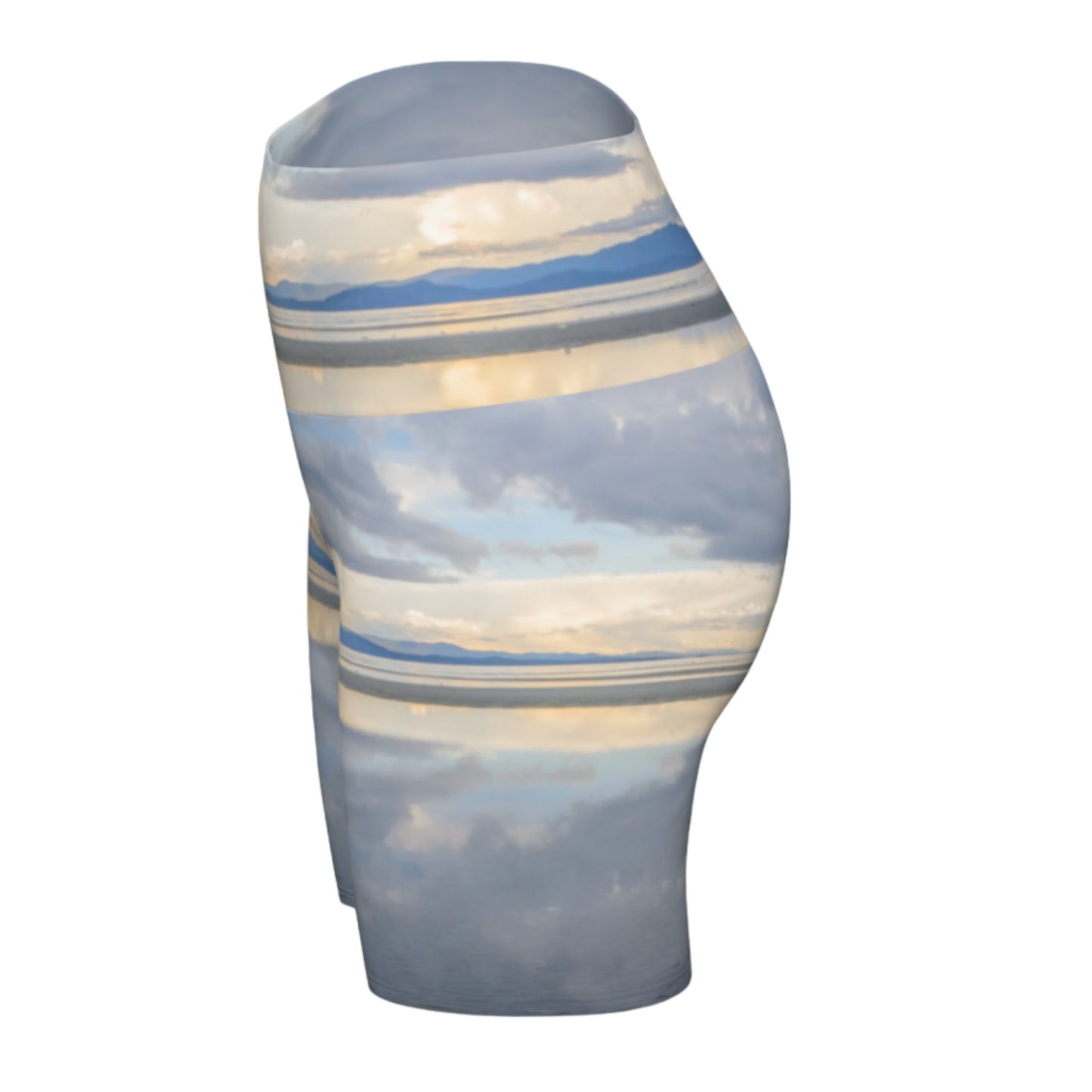 Light Language Parksville Beach yoga shorts. All over printed with an image of the sunrise in the early summer morning on the beach. The view is of the islands across from Vancouver island.