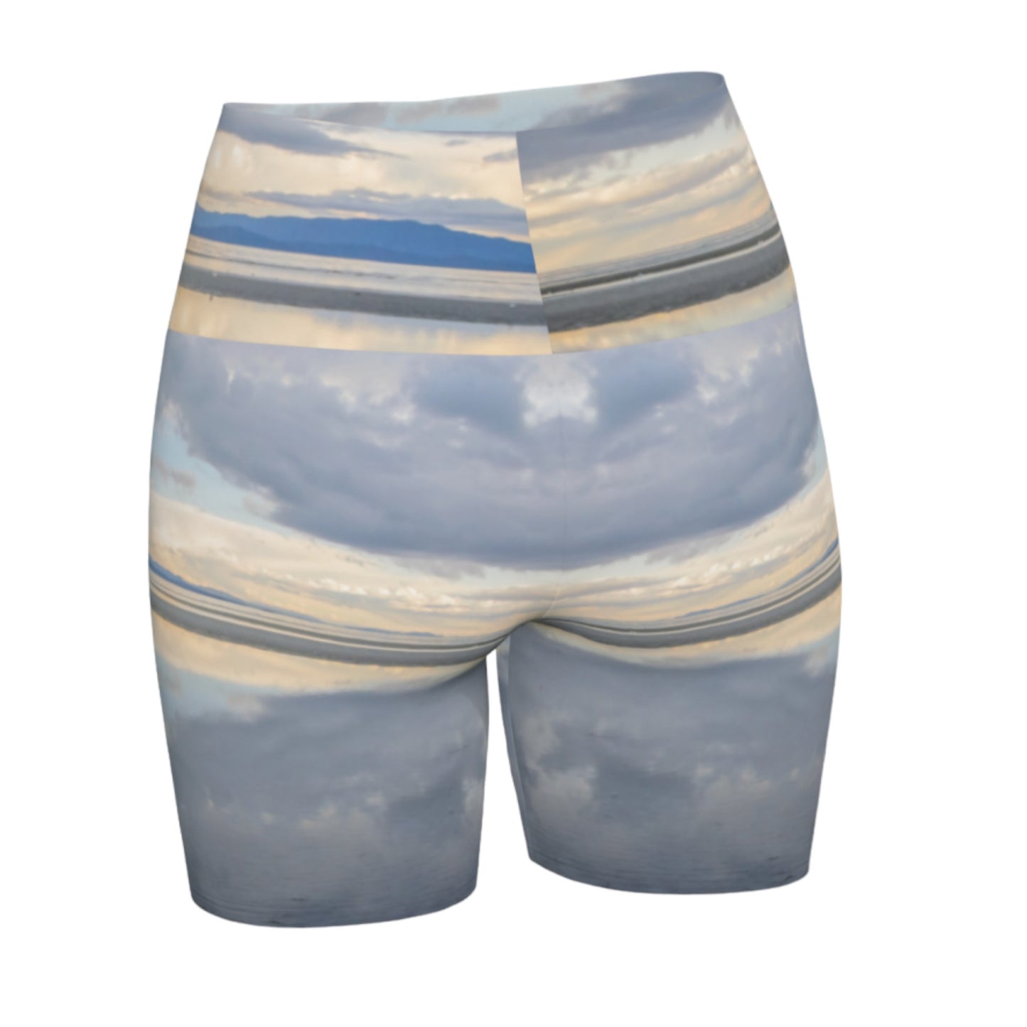 Light Language Parksville Beach yoga shorts. All over printed with an image of the sunrise in the early summer morning on the beach. The view is of the islands across from Vancouver island.