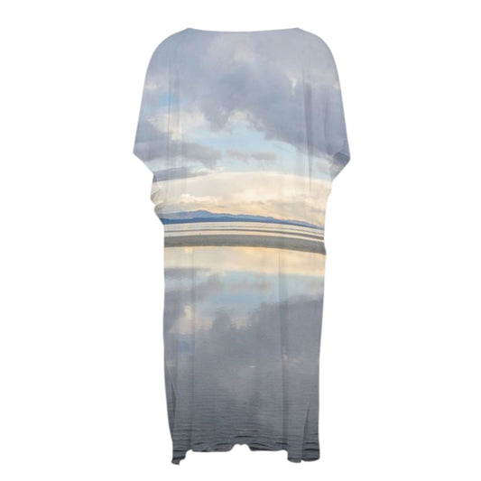 Reverse side All over print short sleeve kimono wrap with the image of the Parksville Beach at low tide in the early morning.