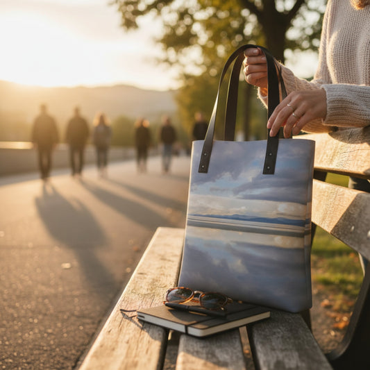 Person holding a tote bag with a scenic design on a park bench.