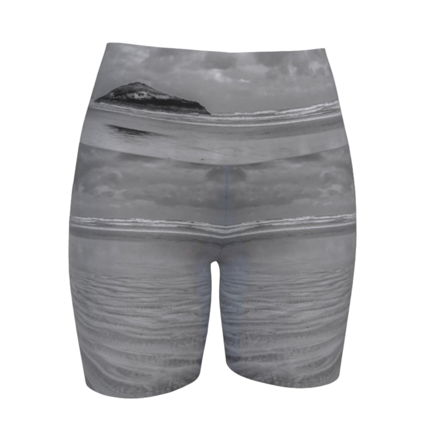 Long beach Tofino all over printed yoga shorts. The image is of lovekin rock at long beach tofino.
