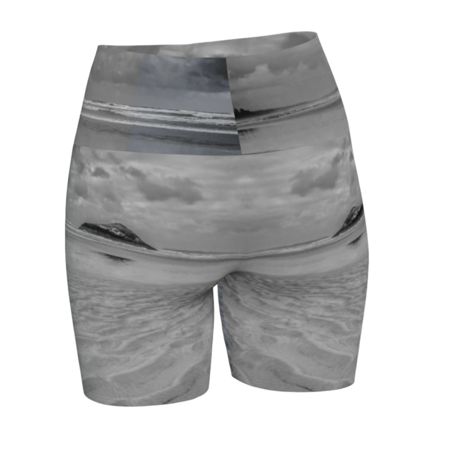 Long beach Tofino all over printed yoga shorts. The image is of lovekin rock at long beach tofino.