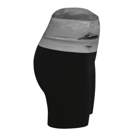 Long Beach Tofino printed waist band on the yoga shorts. The rest of the shorts are black.