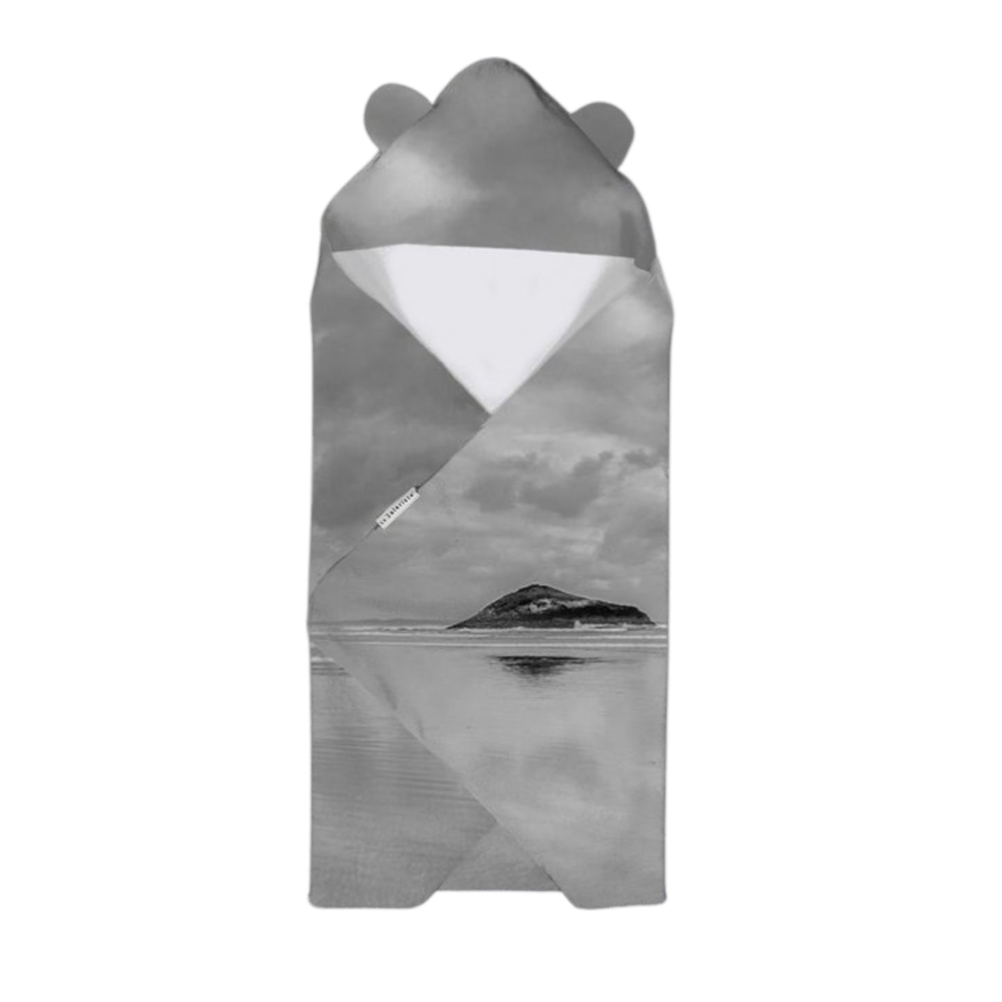 Hooded towel with bear ears featuring a mountain landscape design on a white background