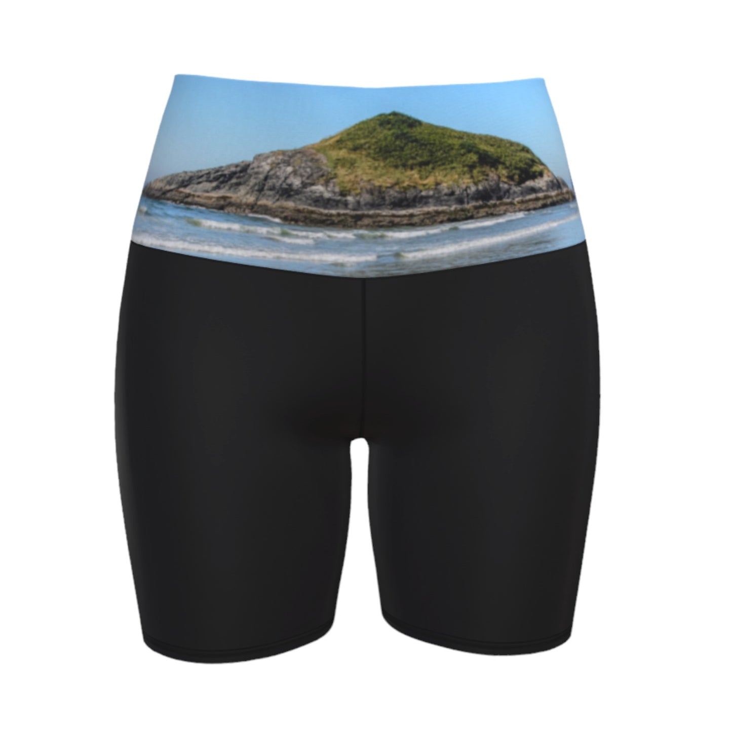 Lovekin rock long beach tofino image is printed on the waist band of the yoga shorts. The rest of the shorts is black.