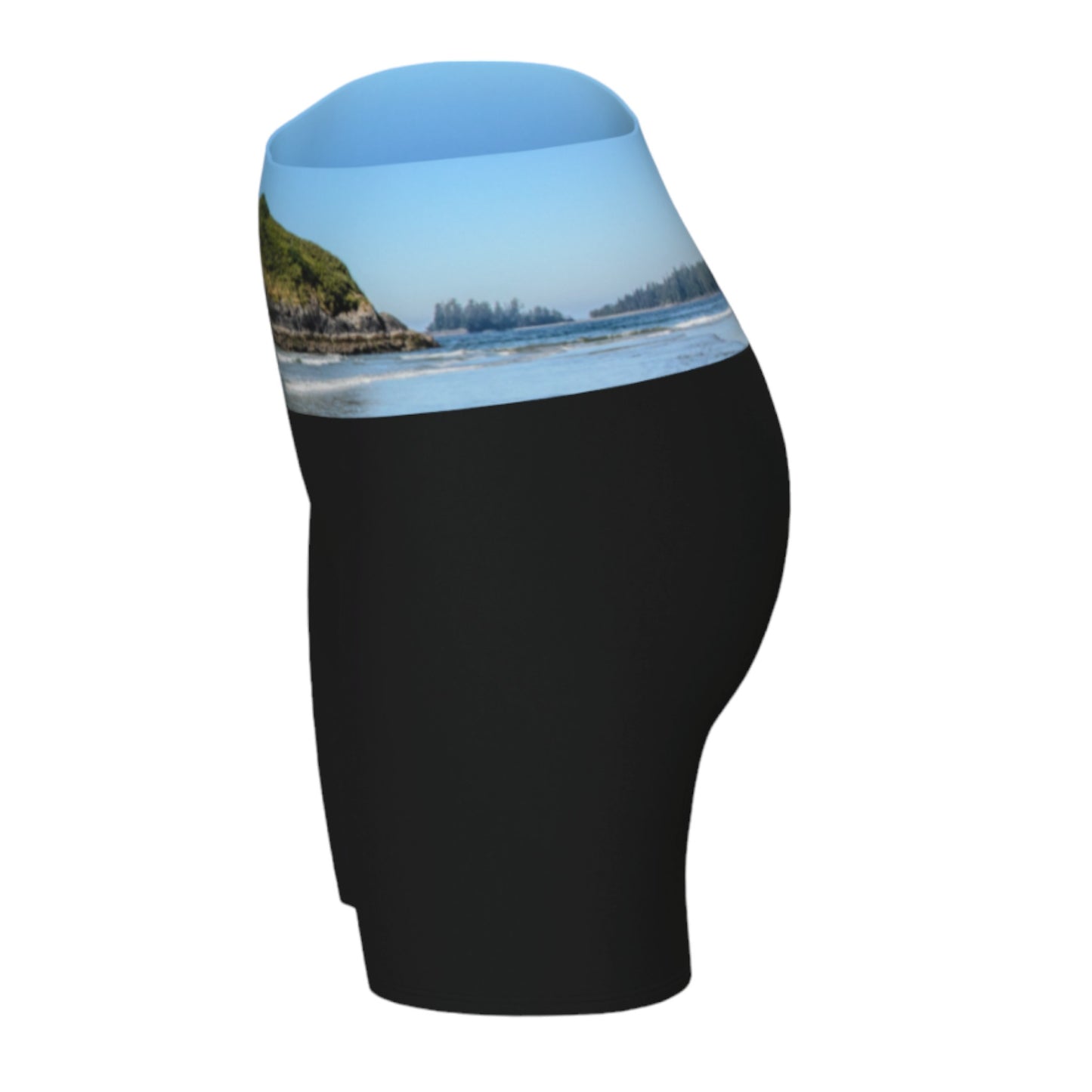 Lovekin rock long beach tofino image is printed on the waist band of the yoga shorts. The rest of the shorts is black.