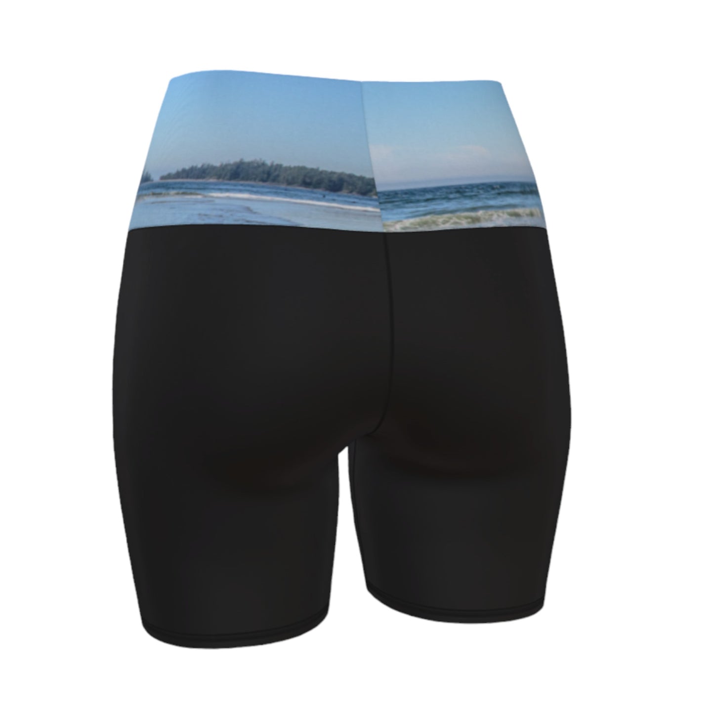 Lovekin rock long beach tofino image is printed on the waist band of the yoga shorts. The rest of the shorts is black.