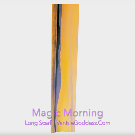 Magic Morning Long Scarf is printed using a photograph of Parksville Beach by Roxy Hurtubise. The scarf is shown full length to show the full image.