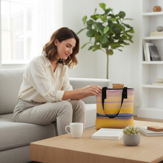 Woman sitting on a couch with a colorful tote bag on a coffee table