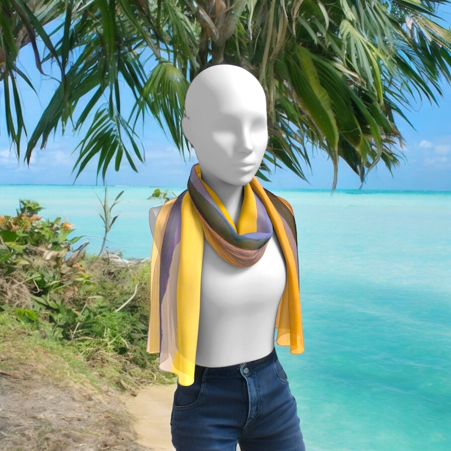 Magic Morning Parksville Beach long scarf worn around the neck on a person walking the beach.