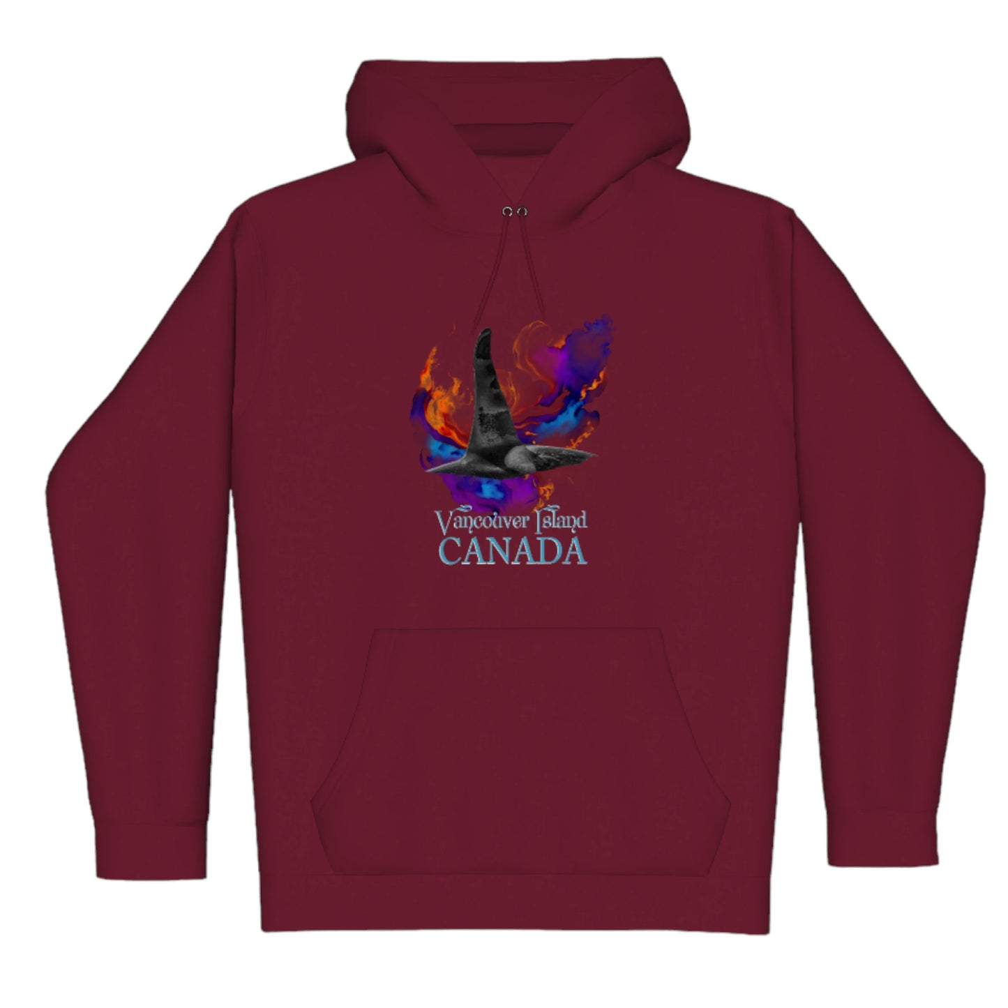 Orca Aura Vancouver Island Canada Premium Pullover Hoodie. The image is of male orca dorsal fin with a colourful abstract background. The words read Vancouver Island Canada.