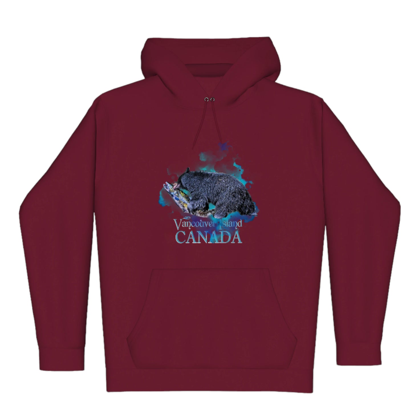 Salmon Bear Vancouver Island Canada Premium Pullover Hoodie. The image is of a bear with a fresh caught salmon in its mouth. The background is a colourful blue turquoise abstract.