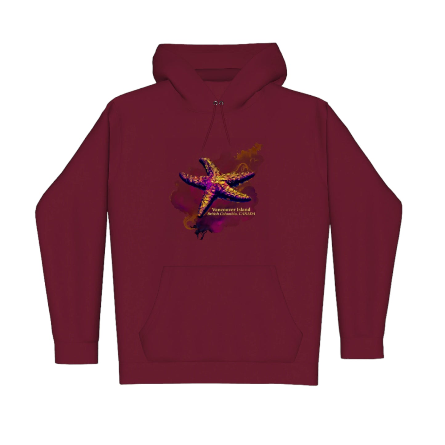Star Track Vancouver Island BC Canada Premium Pullover Hoodie. The image is of a starfish with a colourful abstract background. The words read Vancouver Island British Columba, Canada.