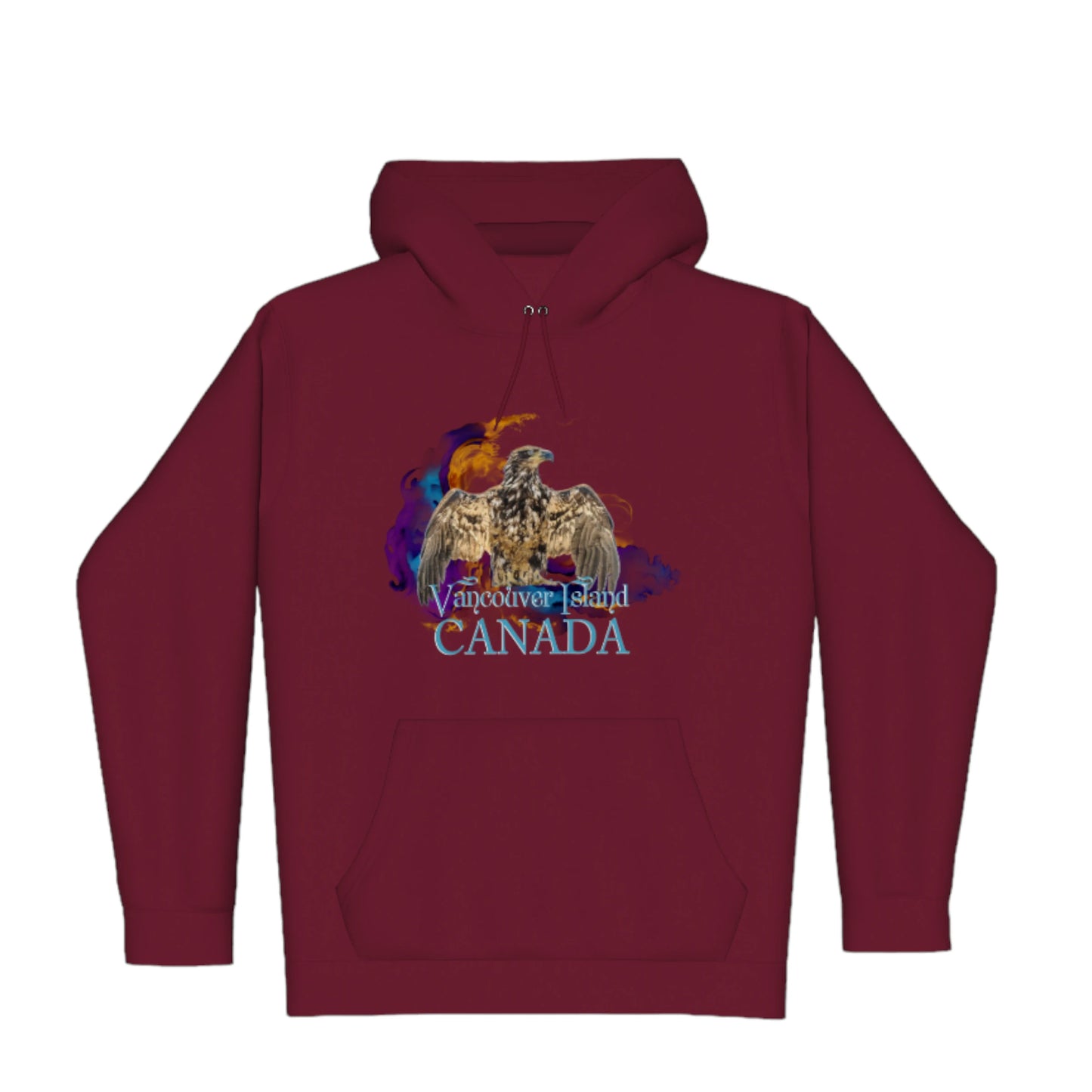 Thunderbird Vancouver Island Canada Premium Pullover Hoodie. The image is of a eagle in the thunderbird position with a colourful abstract background. The words read Vancouver Island Canada.