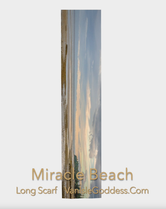 Miracle Beach long scarf shown with an image of Miracle beach. The scarf is shown full length to show the entire image.
