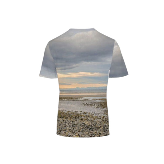 Back side of the All over print men's Vancouver Island t-shirt of the sun setting over Miracle Beach.