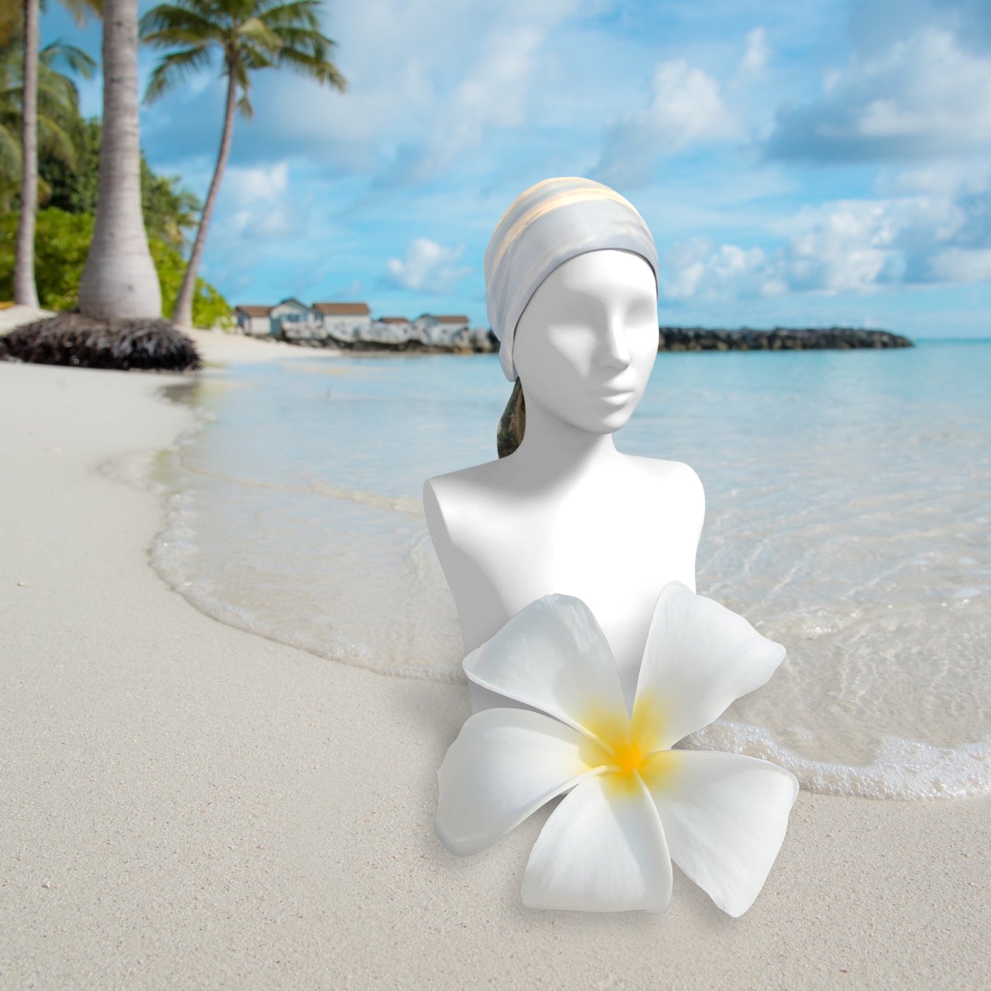 Miracle Beach Long Scarf worn as a head wrap.