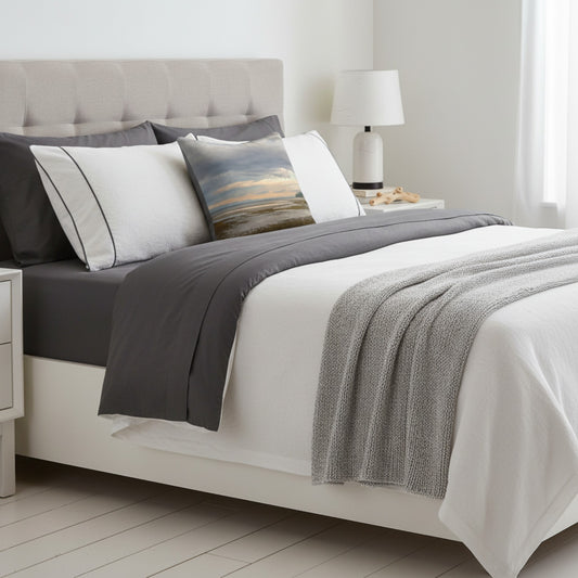 A neatly made bed in a bright bedroom setting, featuring white bedding, dark gray sheets and duvet, a gray throw blanket, and a decorative square pillow with a beach landscape print.