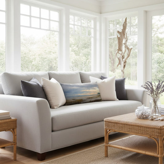 A throw pillow with an image of a serene beach scene on Vancouver Island's west coast.