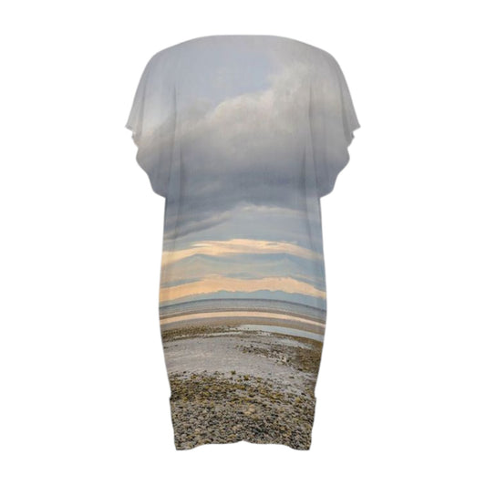 All over print beach dress with image of Miracle Beach at sunset on Vancouver Island.