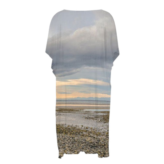 Reverse side All over print short sleeve kimono wrap featuring a image of Miracle Beach on Vancouver Island.