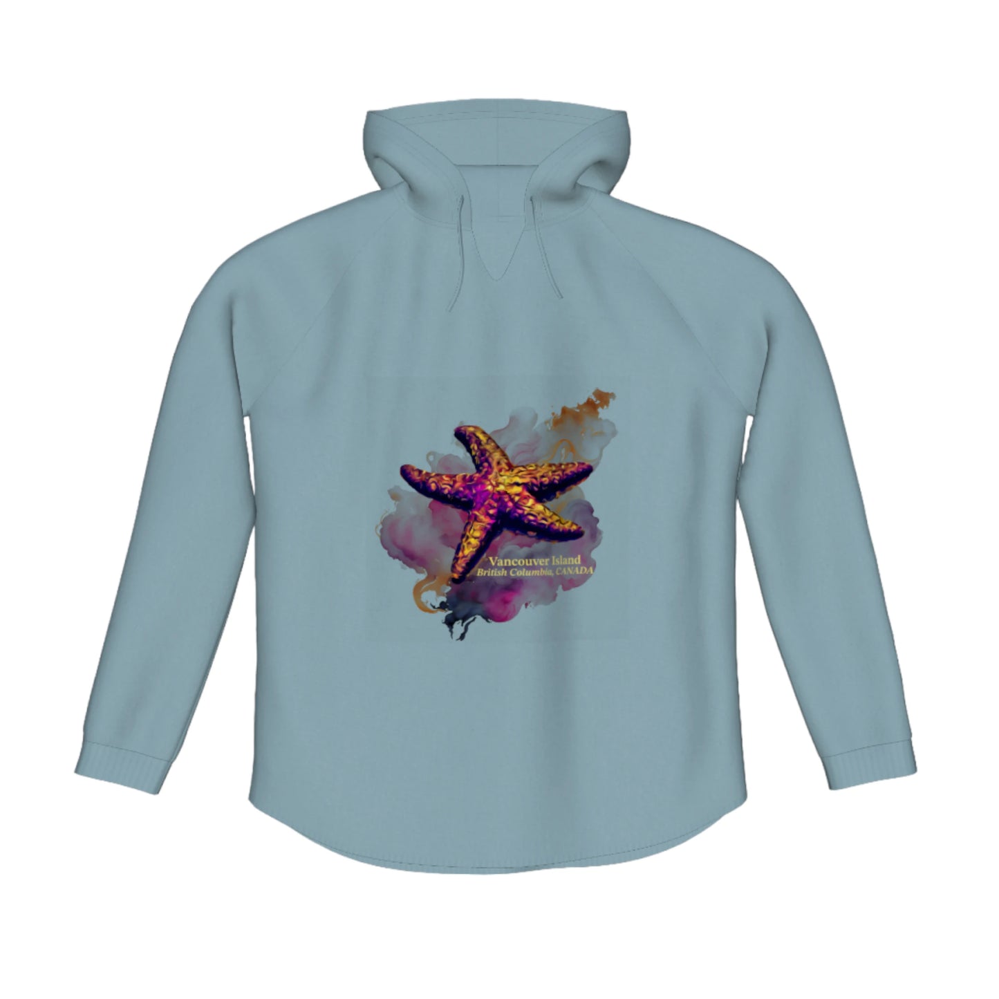 Star Track Vancouver Island BC Canada Flow Pullover Hoodie. The image is of a starfish with a colourful abstract background. The words read Vancouver Island, British Columbia, Canada.