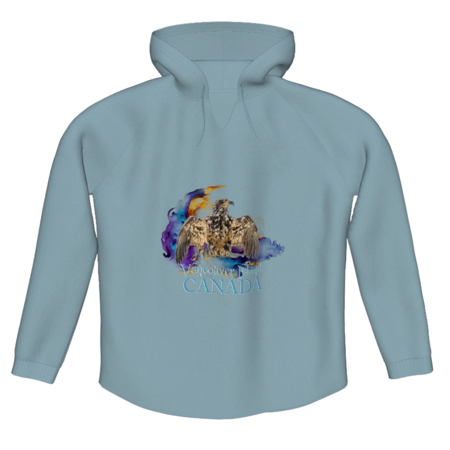 Thunderbird Vancouver Island Canada Flow Pullover Hoodie. The image is of a eagle in the thunderbird position with a colourful abstract background. The words read Vancouver Island Canada.