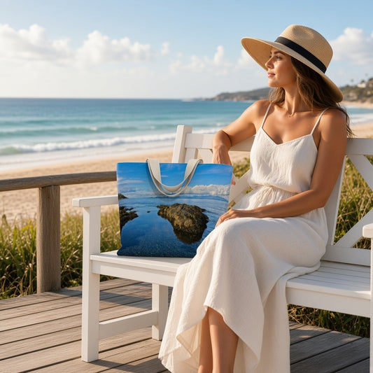 A woman in a white dress and straw hat sits on a white wooden bench at the beach, holding a tote bag printed with a blue ocean and rock scene.