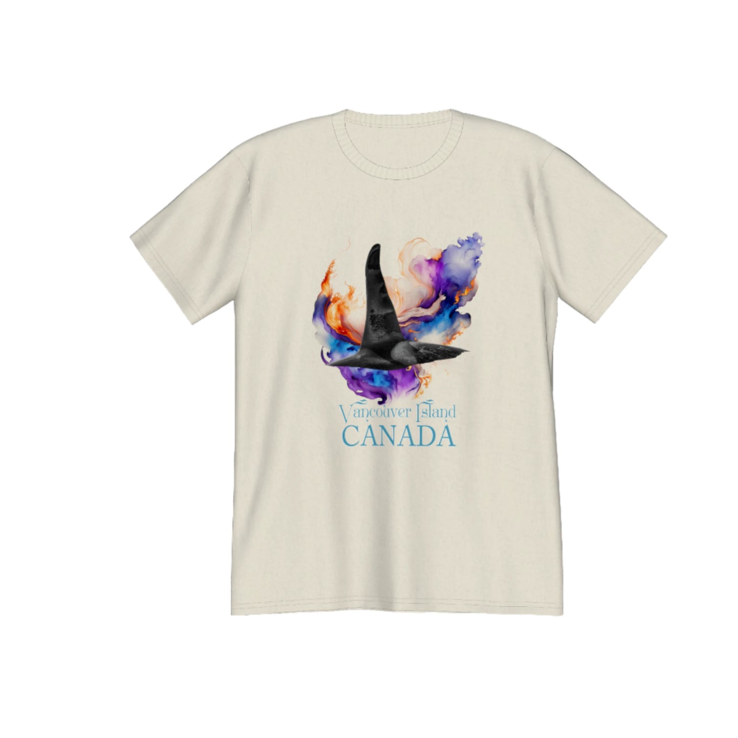 Orca Aura Vancouver Island Canada Premium Unisex t-shirt. The image on the front if of a male orca dorsal fin as it dives back into the water after taking a fresh breath of air. A abstract of colours envelops the orca. by van isle goddess dot com