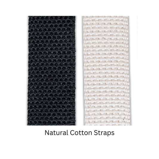 Two natural cotton straps, one black and one white, on a white background.