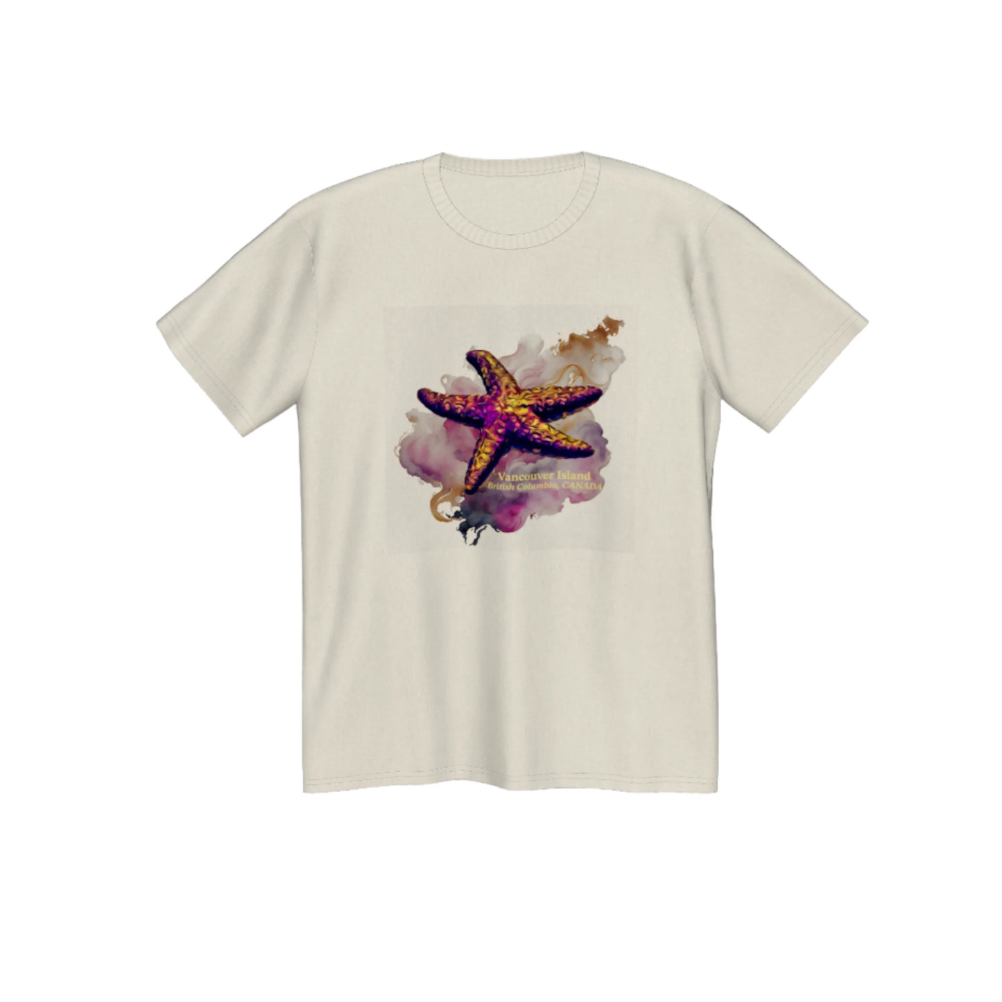 Star Track Vancouver island BC Canada premium unisex tshirt. Features a starfish on the front with a colourful abstract background. The words on the front say Vancouver Island, British Columbia, Canada. by van isle goddess dot com