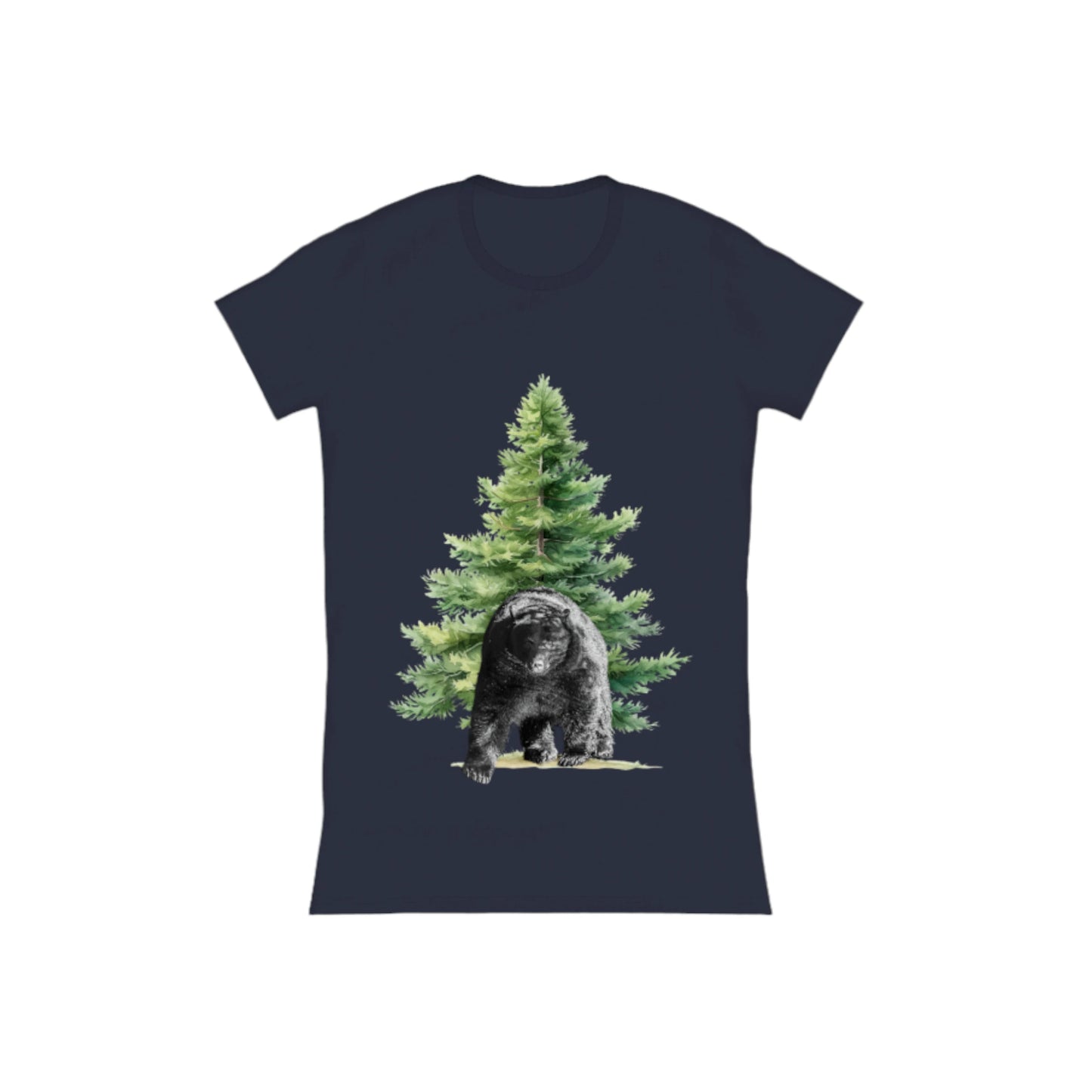Observant Bear Comfort Slim Fit T-Shirt. The image is of a bear in front of a tree. by van isle goddess dot com
