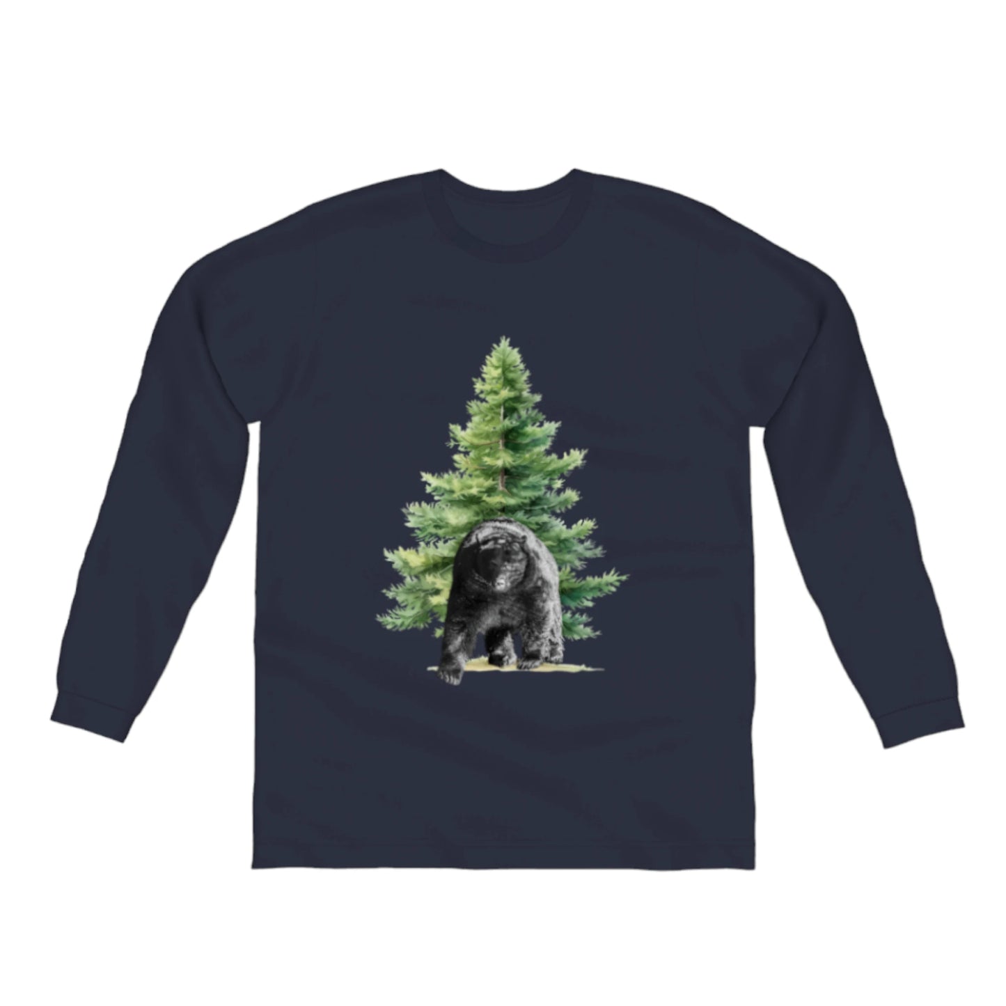 Observant Bear Comfort Long Sleeve Unisex T-shirt. the picture on the front of the shirt is of a bear standing in front of a tree. by van isle goddess dot com