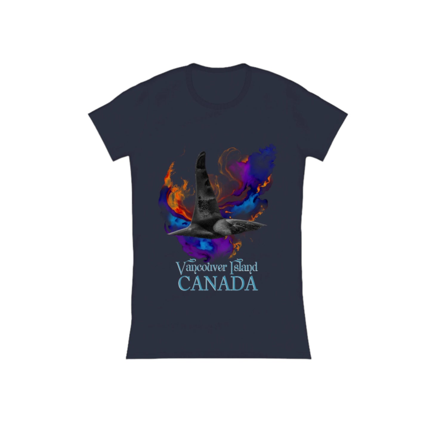 Orca Aura Vancouver Island Canada Comfort Slim Fit T-shirt. The image is of a male orca dorsal fin with an abstract of purple, blue gold background. by van isle goddess dot com