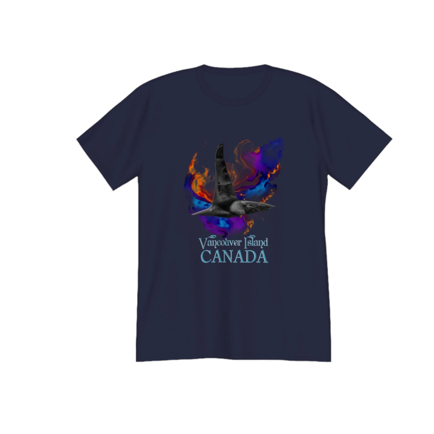 Orca Aura Vancouver Island Canada Premium Unisex t-shirt. The image on the front if of a male orca dorsal fin as it dives back into the water after taking a fresh breath of air. A abstract of colours envelops the orca. by van isle goddess dot com