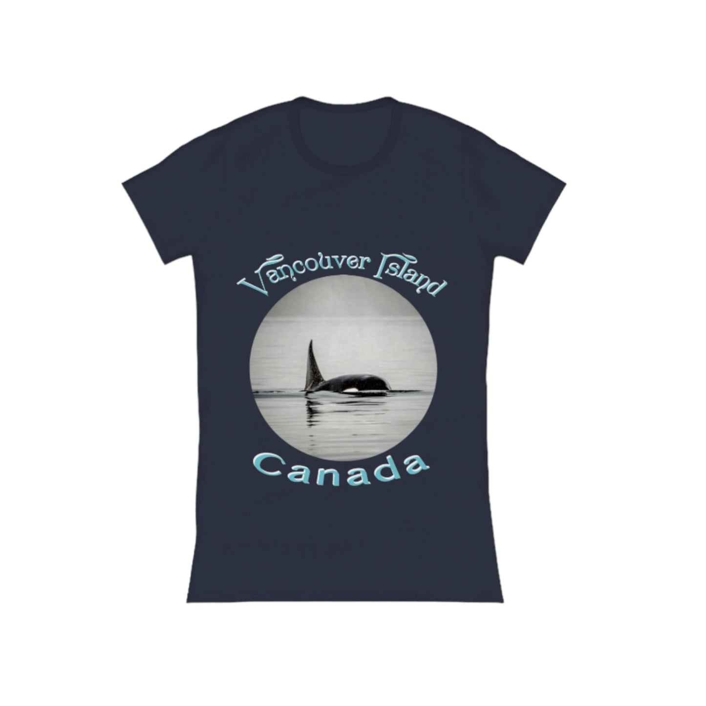Orca Spray Vancouver Island Canada Comfort Slim Fit T-shirt. The image on the front of the t shirt is a orca in the ocean . The words on the shirt read vancouver island canada