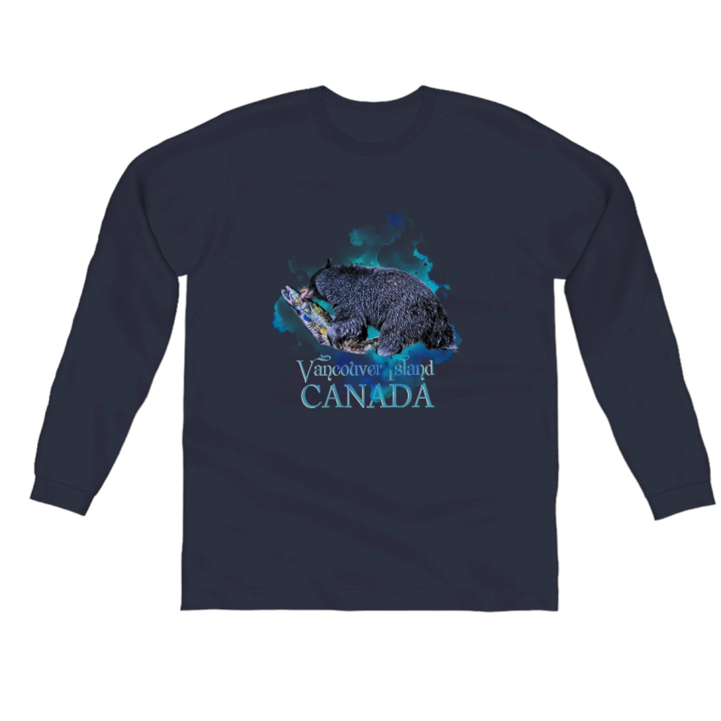 Salmon Bear Vancouver Island Canada Comfort Long Sleeve Unisex T-shirt. The image is of a bear with a fresh caught salmon in its mouth. The words on the shirt say Vancouver Island Canada. by van isle goddess dot com
