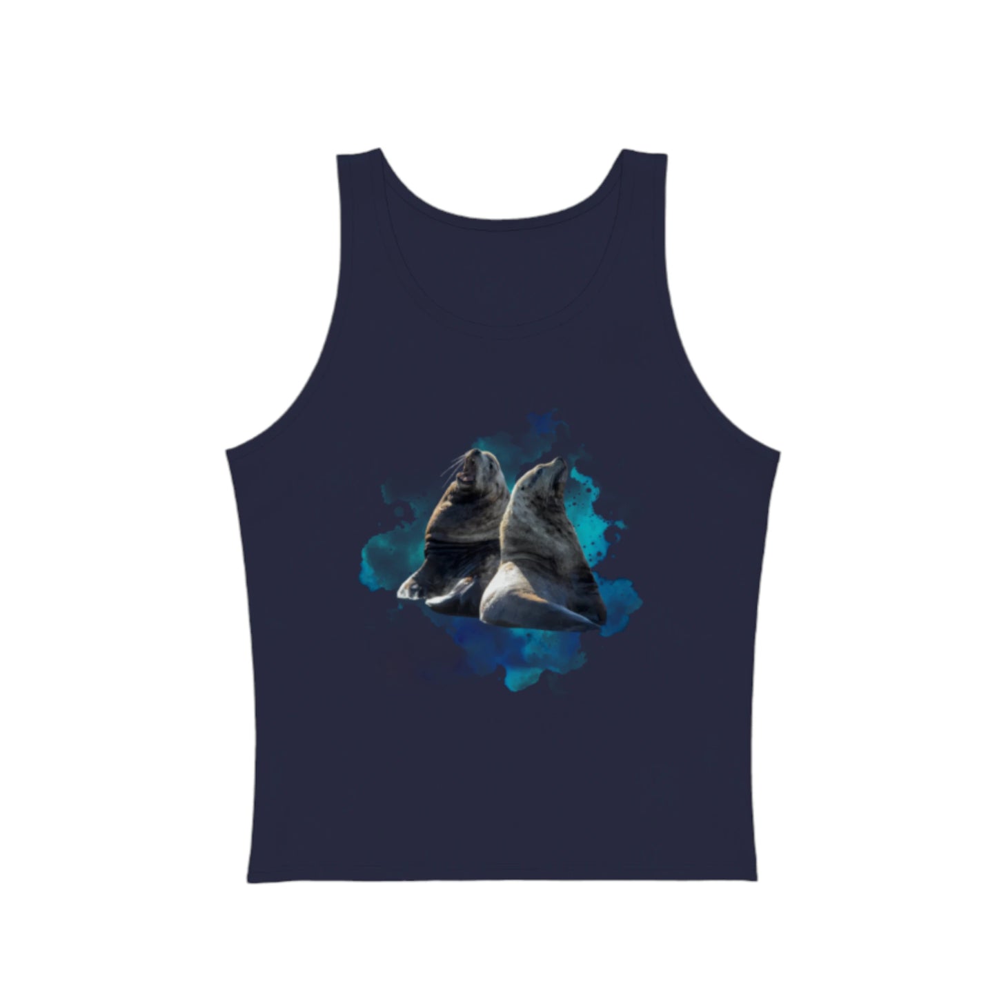 Sea Lions Conversation Premium Unisex tank top. The image is of two very large sea lions with a swirl of blue abstract colours of the ocean water. by van isle goddess dot com