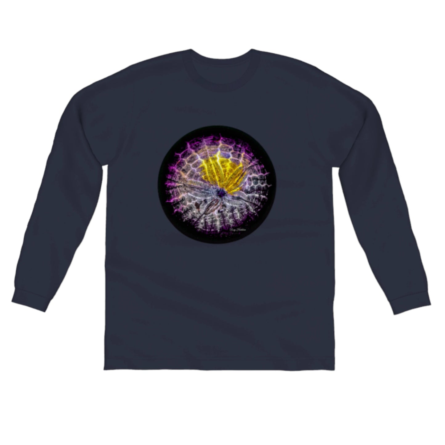 Spotlight Sand Dollar Comfort Long Sleeve Unisex T-shirt. The image on the front is that of a sand dollar. by van isle goddess dot com