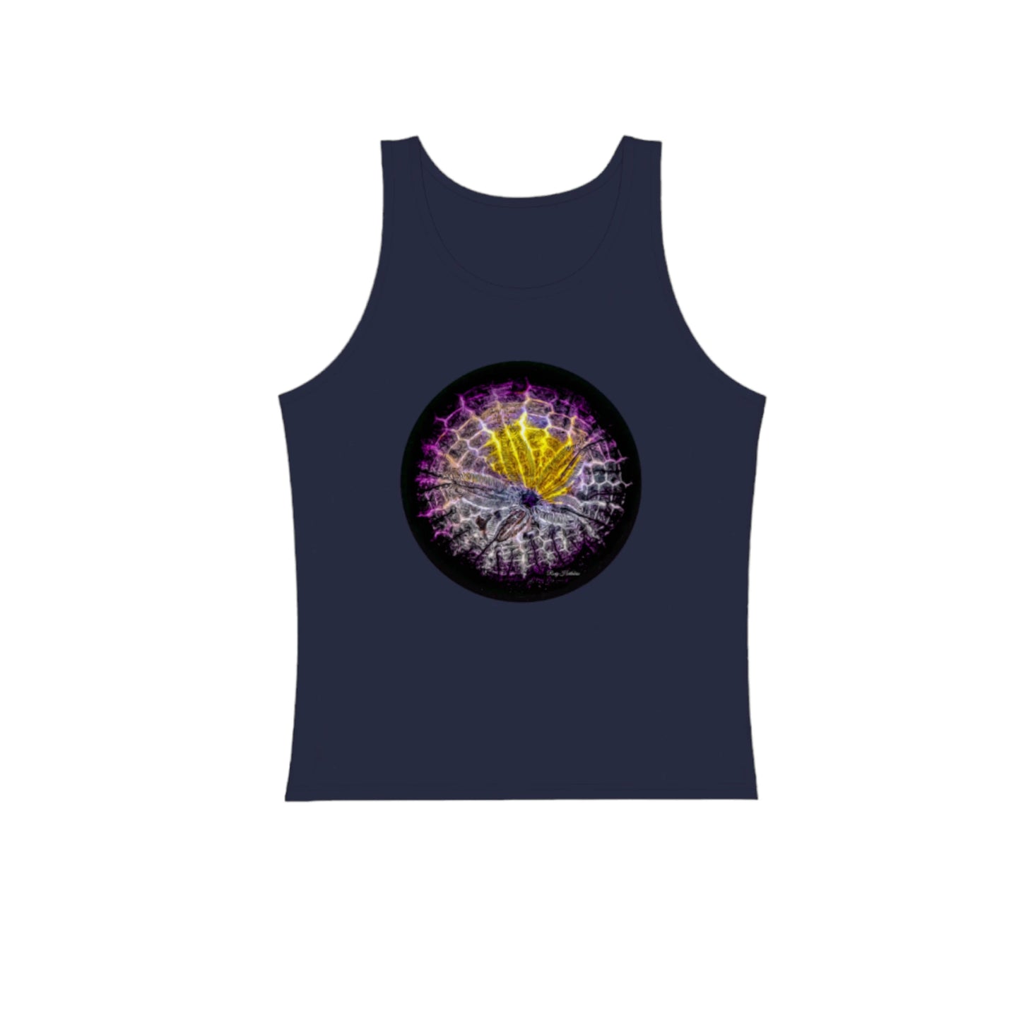Spotlight Sand Dollar Premium Unisex Tank Top in navy. The image on the front of the top is of a sand dollar artwork by roxy hurtubise van isle goddess dot com