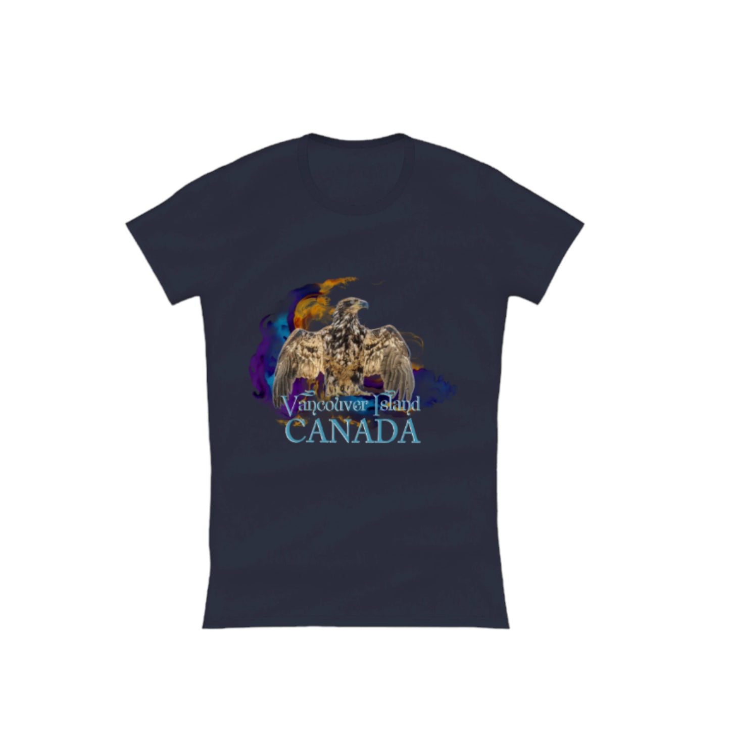 Thunderbird Vancouver Island Canada Comfort Slim Fit T-shirt. the image is of a eagle in the thunderbird position with a colourful abstract background. the words read Vancouver Island Canada