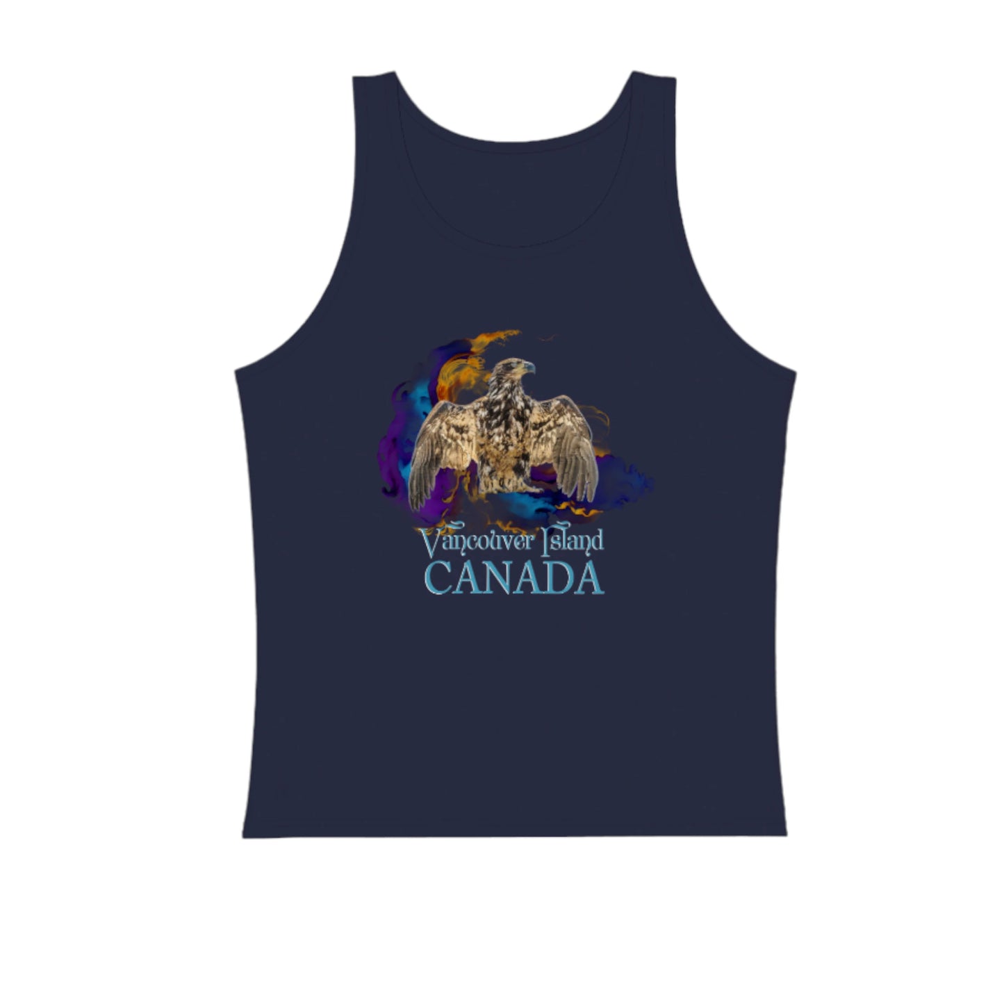 Thunderbird Eagle Vancouver Island Canada Premium Unisex tank top in navy. The image on the front of the tank top is that of a eagle in a thunderbird position with a abstract of colors behind it. by van isle goddess dot com