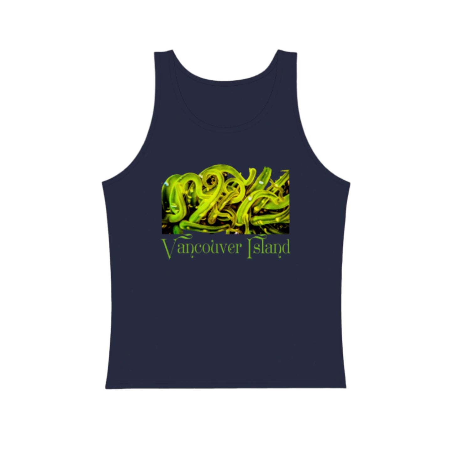 Sea Anemone Vancouver Island premium unisex tank top in naavy. The green sea anemone is underwater on the front of the top. by van isle goddess dot com