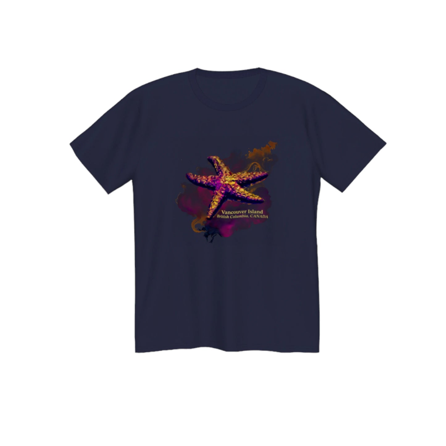 Star Track Vancouver island BC Canada premium unisex tshirt. Features a starfish on the front with a colourful abstract background. The words on the front say Vancouver Island, British Columbia, Canada. by van isle goddess dot com