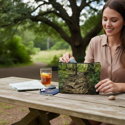 Woman using a tote bag with a nature-themed case at a park table.