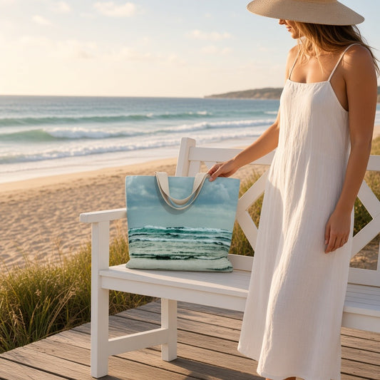 A woman in a white sundress and wide-brim hat stands beside a white bench at the beach, holding a tote bag printed with an ocean wave scene. The background shows sand, ocean, and dunes in warm golden hour light.