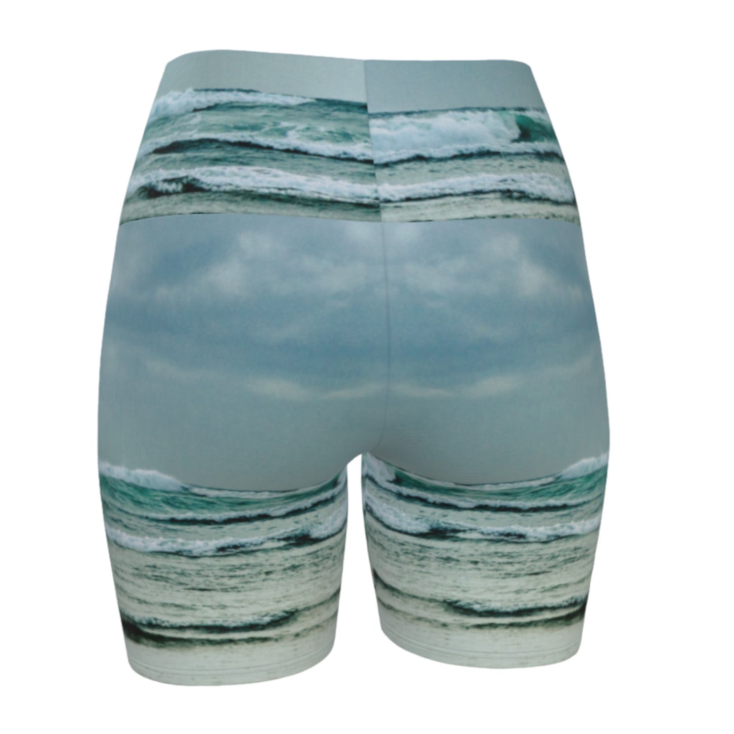 This all over printed Ocean Calling Tofino yoga shorts features an image of the waves at Long Beach Tofino.