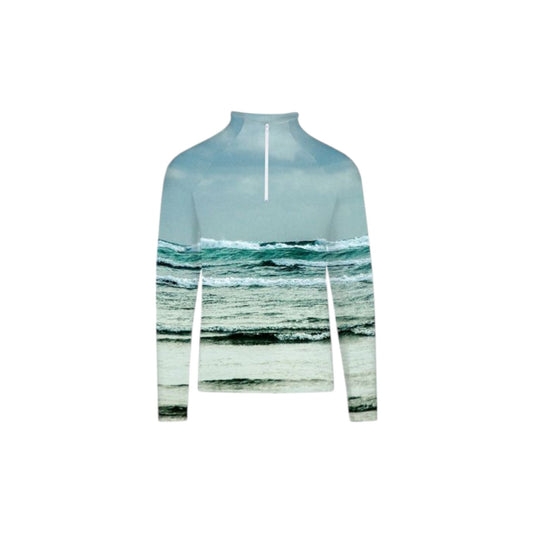 All over print men's activewear long sleeve top with half zipper at the neck. Image is of the ocean waves at Long Beach, Tofino.